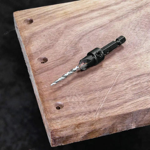 Three Piece Countersink And Drill Bit Set With Hex Wrench, Includes Sizes Six, Eight And Ten, shown installed in wood for woodworking projects.