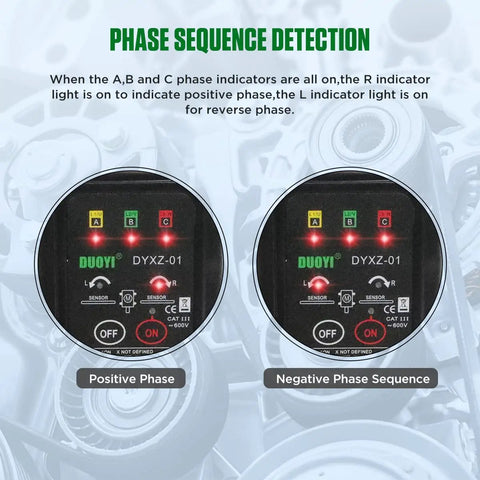Phase sequence detection with 3 Phase Rotation Tester For Motor Setup With Non Contact Voltage Detection And Phase Sequence Check 70V To 600V AC Live Wire Tester Short Circuit Alert 23.62 Inch Cable Length Carrying Bag showing positive and negative phases.