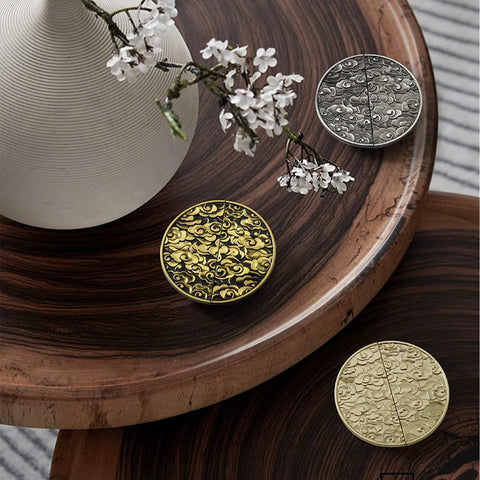 Two Pack Half Moon Cabinet Pulls Chinese Style Handle Antique Zinc Alloy Gold Finish on decorative wooden platter