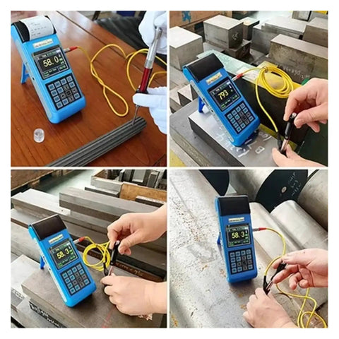 Pro Grade Digital Leeb Hardness Tester For Portable Steel And Metal Alloy Gauging Featuring Rock Solid Any Angle Testing in use on metal.