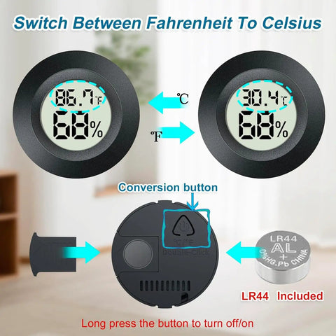 2 Pack Mini Digital Hygrometer Gauge With LCD Thermometer showing Fahrenheit and Celsius options, conversion button detail.