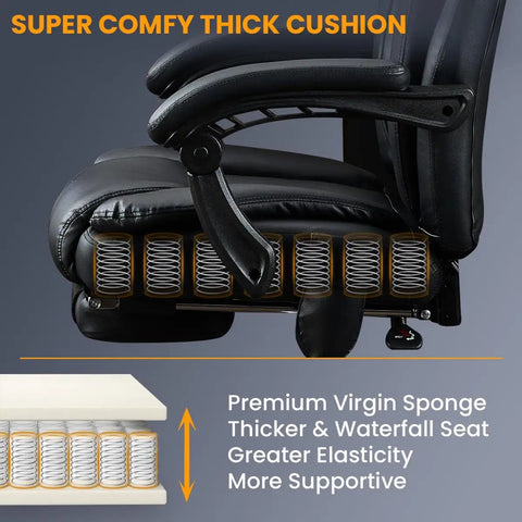 Six Point Vibration Heated Massage Office Chair With Foot Rest For Home Office And Gaming, side view showing thick cushion layers