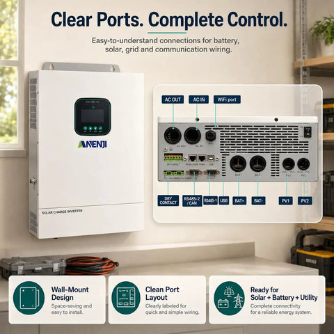 Image of Rock Solid Heavy Duty Hybrid Solar Inverter 48V 3600W with clear port connections and wall-mount design.