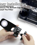 Easy installation of Water Filter Replacement And Housing For Ninja ES701 ES601 Espresso Machines, user holding filter and housing.