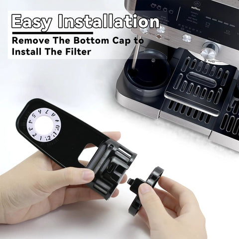 Easy installation of Water Filter Replacement And Housing For Ninja ES701 ES601 Espresso Machines, user holding filter and housing.
