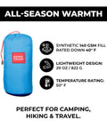 ThermaQuilt Hammock Underquilt 40F 3 In 1 Go-To System in blue storage bag, lightweight 360 wrap heat lock, 29 oz