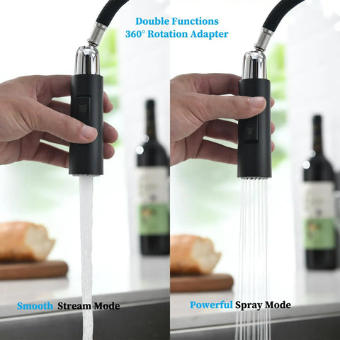 Black Kitchen Faucet With Pull Down Sprayer High Arc Stainless Steel Matte Black Finish Lead Free SUS304 CUPC Cartridge No Deck Plate Includes Extra Sprayer Head And Spare Soap Dispenser Easy Clean showing smooth stream and powerful spray modes.