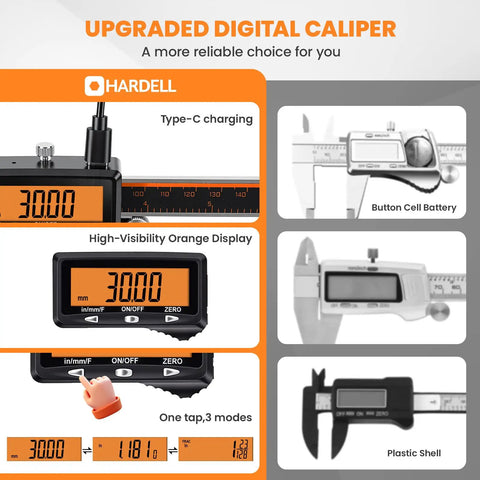 Rechargeable Digital Caliper With Type C Fast Charge And Auto Off, Large Orange Screen, showing features and modes.