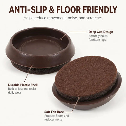 10 Pack Furniture Caster Cups With Plush Felt Bottom Anti Skid Floor Savers Grippy Wheel Guards For Couches Beds And Desk Chairs Heavy Duty Stability Pads, showing durable plastic shell and soft felt base.