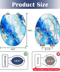 Elongated Alcohol Abstract Indigo White Gold Stains Stains Toilet Seat dimensions display, showing 17.3" height and 18.5" length.