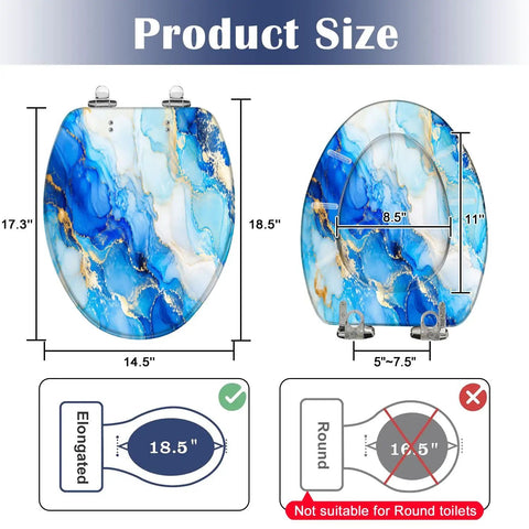 Elongated Alcohol Abstract Indigo White Gold Stains Stains Toilet Seat dimensions display, showing 17.3" height and 18.5" length.