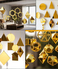 Adrattnay gold acrylic mirror sheets shown as hanging geometric ornaments; 3-pack.
