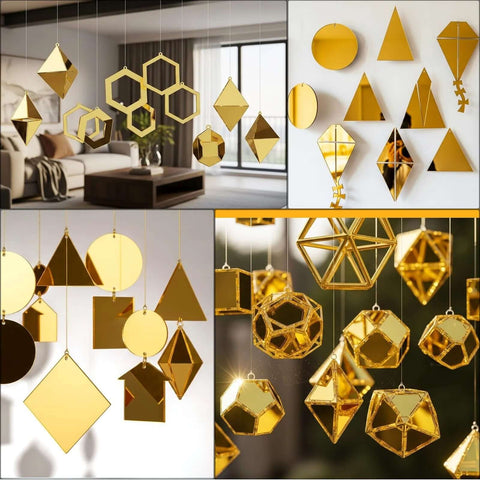 Adrattnay gold acrylic mirror sheets shown as hanging geometric ornaments; 3-pack.