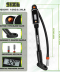 Bike Shock Pump With Digital Gauge, 320 PSI, Leak Proof Presta Valve, size diagram and features display