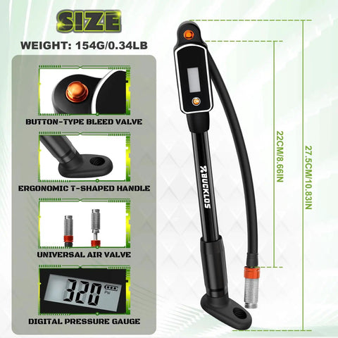 Bike Shock Pump With Digital Gauge, 320 PSI, Leak Proof Presta Valve, size diagram and features display