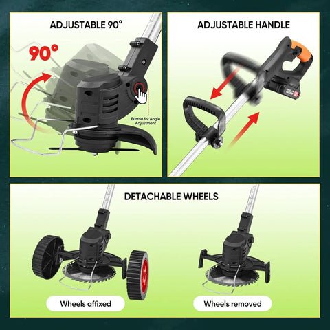 Cordless 24V Weed Wacker With Dual 6500mAh Batteries showing adjustable handle, 90-degree rotation, and detachable wheels.