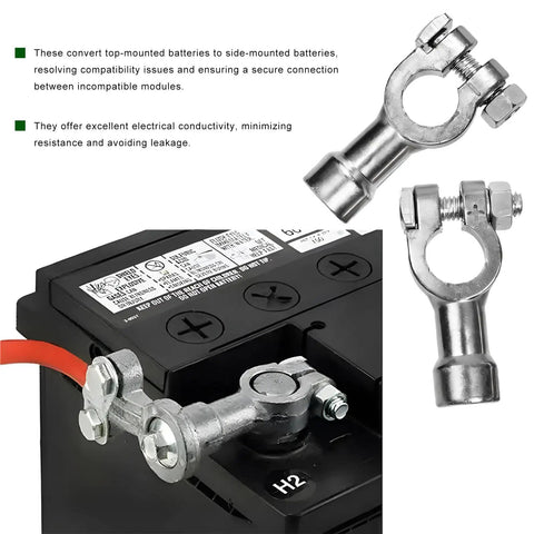 Heavy Duty Car Battery Terminal Connectors Swap Top Post To Side Post In Minutes With Positive And Negative Lead Cables installed on battery.