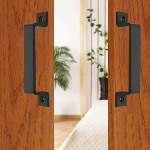 Black Rustic Barn Door Handle Set 6.42 Inch Two Pack For Gates Sheds Garages And Sliding Doors Heavy Duty Satin Finish installed on door