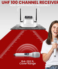 UHF Wireless Microphone System With Bluetooth Receiver, dual rechargeable mics, shown with 164-262 ft. cover range