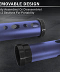Close-up of Premium Aluminum Alloy Golf Ball Retriever with removable design in blue, showing tube sections and black connectors.