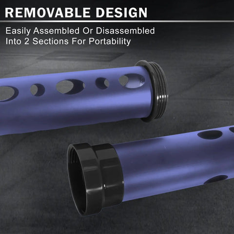 Close-up of Premium Aluminum Alloy Golf Ball Retriever with removable design in blue, showing tube sections and black connectors.