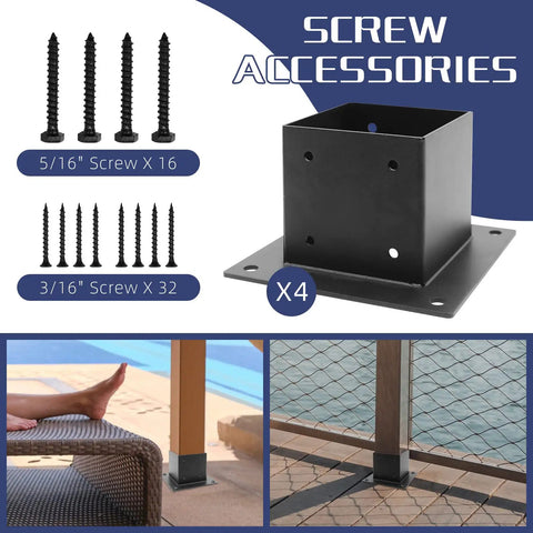Heavy Duty 4x4 Post Base Anchors for Deck Fence and Pergola, Steel Brackets With Black Coated Finish, screws included, 4 pack