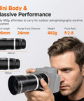 Person using Canon RF Mirrorless Astro Telephoto Lens 105mm F2.8 APO on camera, showcasing lens size and compact design.