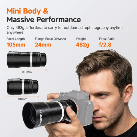 Person using Canon RF Mirrorless Astro Telephoto Lens 105mm F2.8 APO on camera, showcasing lens size and compact design.