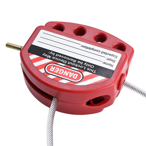Rock Solid Adjustable Lockout Tagout Cable Locks Six Foot Steel Security Cables With Vinyl Coating Takes Four Padlocks At Once For Industrial Valves Breakers Job Site Ready Built Tough Loto Gear Six Pack shown with red locking device and steel cable.