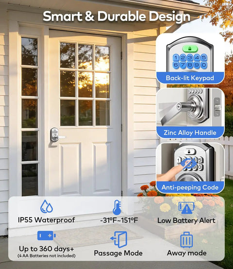 Knockout Smart Keypad Door Lock With Handle For Front Door Entry Boasting A Slick Satin Nickel Finish And Total Game Changing App Control Plus One Hundred Custom Passcodes For Easy Peasy Keyless Access And Full Alexa Google Compatibility