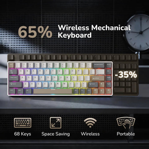 Pro Level Compact 65 Wireless Mechanical Keyboard Featuring Sick RGB Backlighting And Ultra Slim Build, showing 68 keys and a space-saving design.