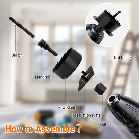 Exploded view of 19-Piece Hole Saw Kit With 3/4 To 6 Inch Hole Saws, 13 Blades, 2 Mandrels, 2 Drill Bits, Installation Plate And Hex Key
