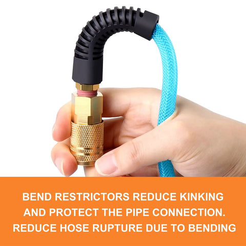 Hand holding 1/4 Inch By 25 Foot Reinforced Polyurethane Air Hose With Brass Fittings 300 PSI Max Blue PU Tubing with bend restrictor
