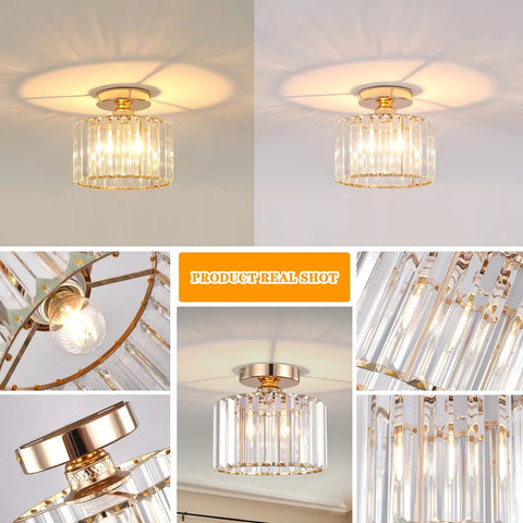 Semi Flush Mount Crystal Chandelier Gold Finish Ceiling Light Fixture For Living Room Bedroom Hallway Bathroom Kitchen Entryway Small Close To Ceiling Dope Chic Decor shown illuminated in a stylish setting.