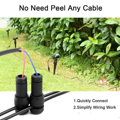 60 Pack Low Voltage Landscape Lighting Connectors Waterproof 12-20 Gauge Quick Lock Wire Connectors for Path Lights shown in garden setup