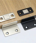 5 Pack Ultra Thin Magnetic Cabinet Catches With Screws Invisible Soft Catch Door Latches For Home Use Black No Fuss Easy Install Secure Closure Keeps Cabinets Quiet And Closed Every Time showing silver and black catches on wood