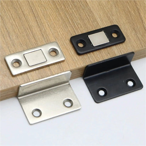 5 Pack Ultra Thin Magnetic Cabinet Catches With Screws Invisible Soft Catch Door Latches For Home Use Black No Fuss Easy Install Secure Closure Keeps Cabinets Quiet And Closed Every Time showing silver and black catches on wood