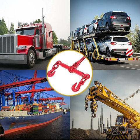 4 Pack Ratchet Chain Binder For 1/4 To 5/16 Inch Chains Heavy Duty Load Binder 2600Lbs Working Load 9200Lbs Break Strength Boomer To Truck Flatbed Trailer shown with vehicles, construction, and shipping contexts.
