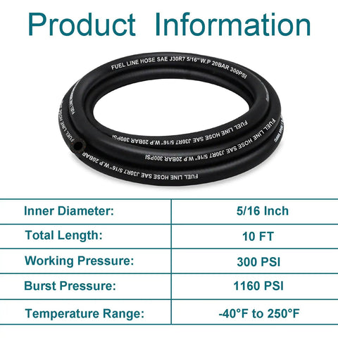 Rugged Five Sixteenth Inch ID Fuel Hose Ten Foot NBR with specifications including size and pressure ratings