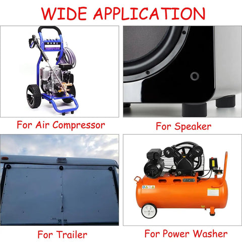 8 Piece Air Compressor Isolator Rubber Feet Foot Mounts For Anti Vibration shown with compressor, speaker, trailer, washer