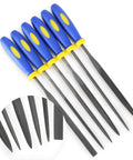 Needle File Set Six Piece Carbon Steel Tools Pro Grade, 6 Inch Total Length, features blue rubber grip handles.