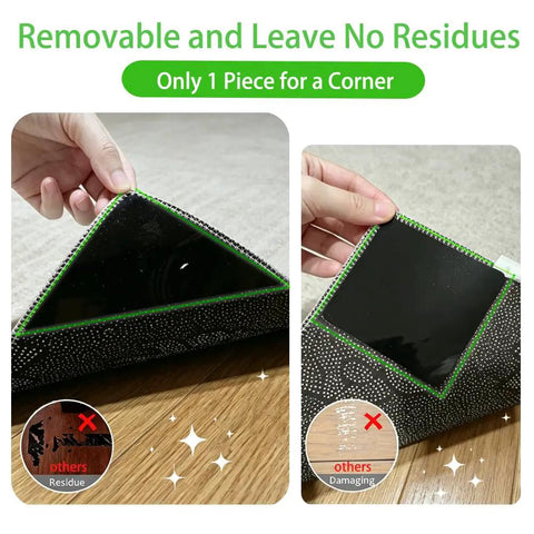 Hands applying Non Slip Rug Tape Set With 16 Pieces, Triangle And Square Grippers For Hardwood Floors And Tiles under rug corners