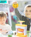 Effortless DIY Pin Button Maker Kit For Creative Kiddos, 2.16 inch badge press machine with child using it.