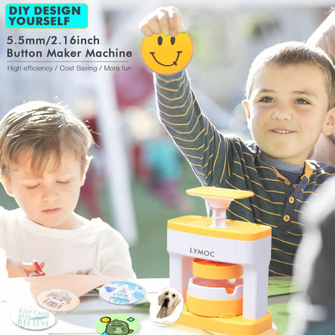 Effortless DIY Pin Button Maker Kit For Creative Kiddos, 2.16 inch badge press machine with child using it.