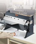 Box And Pan Brake 24 Inch Portable Metal Bender with 0 to 135 Degree Bending Handles, shown in a workshop setting.