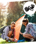 Camping scene with 10 Pack Plastic Tent Pole Hooks For Glamping And Camping Gear Hanger, Movable Canopy Hook Organizer in use on tent.