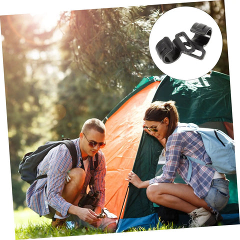 Camping scene with 10 Pack Plastic Tent Pole Hooks For Glamping And Camping Gear Hanger, Movable Canopy Hook Organizer in use on tent.