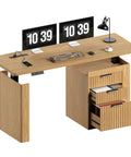 63 Inch Electric Height Adjustable Standing Desk With Smooth Glide Motor Built In Filing Cabinet And Roomy Storage Shelves Oak Brown Finish, top view, dual monitors.