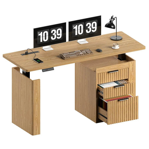 63 Inch Electric Height Adjustable Standing Desk With Smooth Glide Motor Built In Filing Cabinet And Roomy Storage Shelves Oak Brown Finish, top view, dual monitors.
