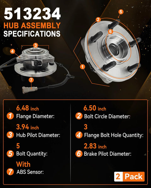 Front Wheel Bearing Hub Assembly Set 513234 For Jeep Grand Cherokee 2005 2010 And Jeep Commander 2006 2010 5 Lug With Abs Direct Fit OE Compatible 52089434AB 52089434AC 52089434AD 52089434AE High Quality Beefy Aftermarket Replacement specifications chart and components overview.